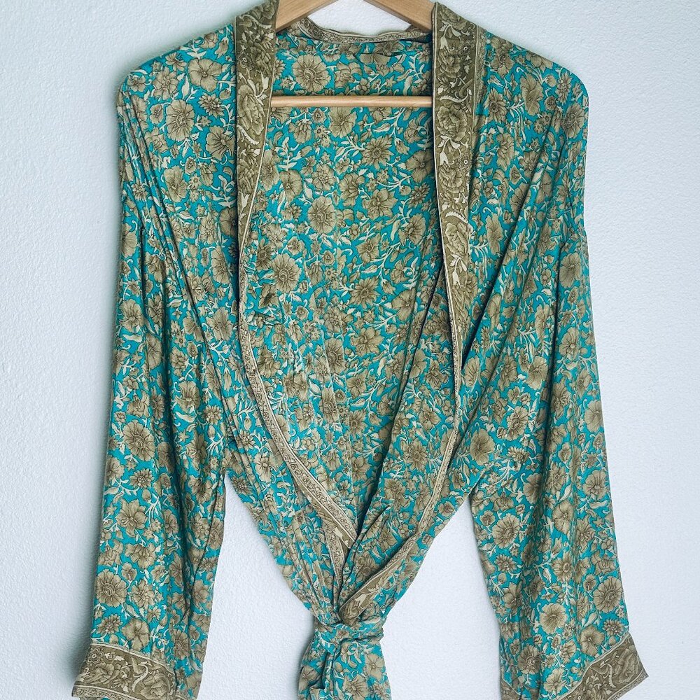 Silk Sari Kimono Robe | Turquoise & Gold